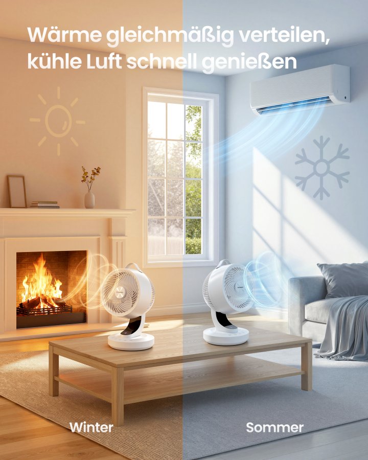SONGMICS XFC001W1EU Lydl�s bordventilator 20dB med fjernbetjening, kraftfuld luftcirkulator, 70&deg; oscillation, 8 hastigheder, 12 timer, Cloud White