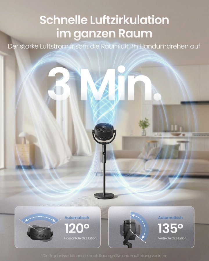 SONGMICS Standerventilator, Lydl�s Ventilator 20 dB med Fjernbetjening, Luftcirkulator med 120&deg; & 135&deg; Oscillation, 15 Hastigheder, 15-timers Timer, 3 Tilstande, H�jdejusterbar, Bl�ksort XFC002B1EU