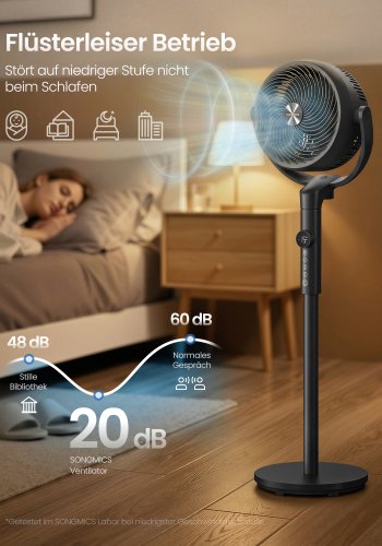 SONGMICS Standerventilator, Lydl�s Ventilator 20 dB med Fjernbetjening, Luftcirkulator med 120&deg; & 135&deg; Oscillation, 15 Hastigheder, 15-timers Timer, 3 Tilstande, H�jdejusterbar, Bl�ksort XFC002B1EU