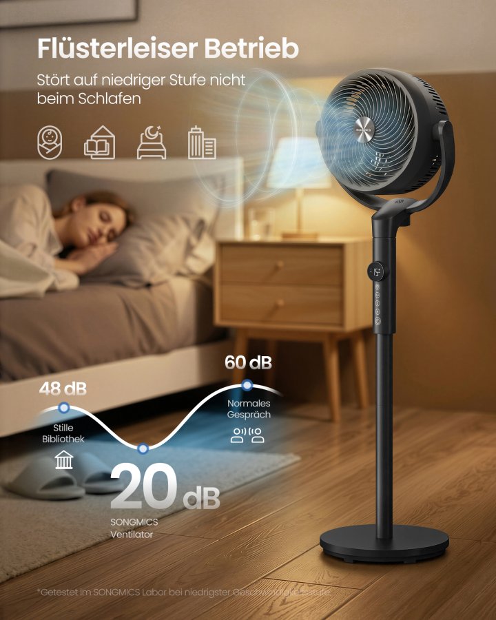 SONGMICS Standerventilator, Lydl�s Ventilator 20 dB med Fjernbetjening, Luftcirkulator med 120&deg; & 135&deg; Oscillation, 15 Hastigheder, 15-timers Timer, 3 Tilstande, H�jdejusterbar, Bl�ksort XFC002B1EU