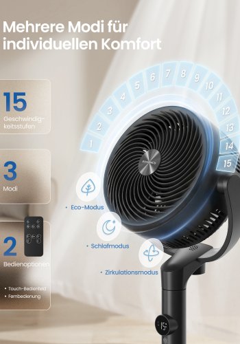 SONGMICS Standerventilator, Lydl�s Ventilator 20 dB med Fjernbetjening, Luftcirkulator med 120&deg; & 135&deg; Oscillation, 15 Hastigheder, 15-timers Timer, 3 Tilstande, H�jdejusterbar, Bl�ksort XFC002B1EU