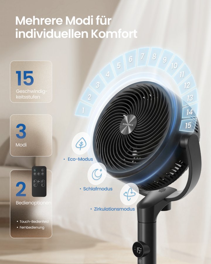 SONGMICS Standerventilator, Lydl�s Ventilator 20 dB med Fjernbetjening, Luftcirkulator med 120&deg; & 135&deg; Oscillation, 15 Hastigheder, 15-timers Timer, 3 Tilstande, H�jdejusterbar, Bl�ksort XFC002B1EU