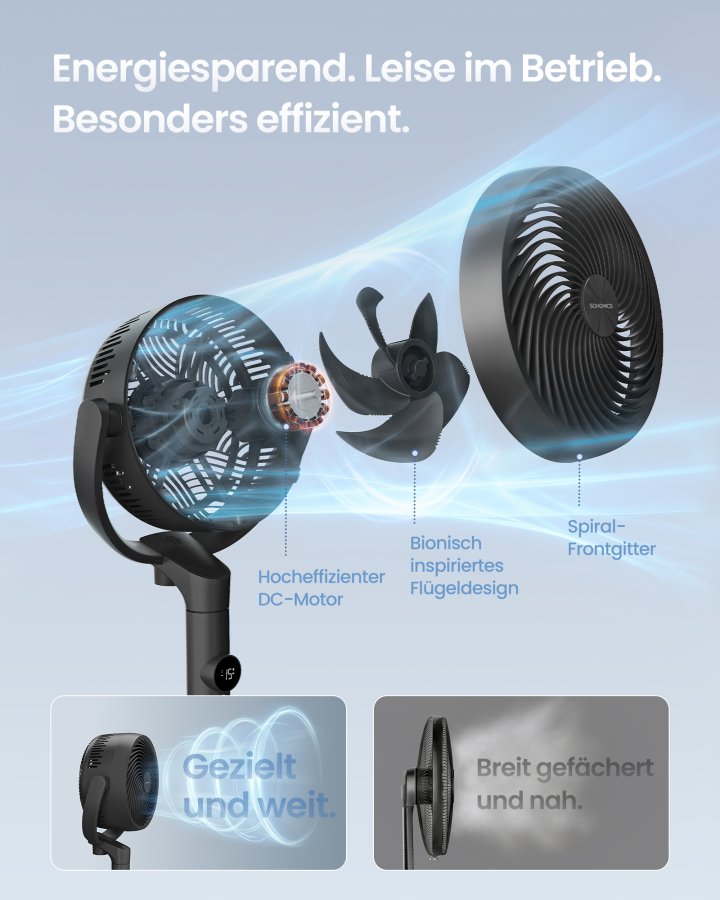 SONGMICS Standerventilator, Lydl�s Ventilator 20 dB med Fjernbetjening, Luftcirkulator med 120&deg; & 135&deg; Oscillation, 15 Hastigheder, 15-timers Timer, 3 Tilstande, H�jdejusterbar, Bl�ksort XFC002B1EU