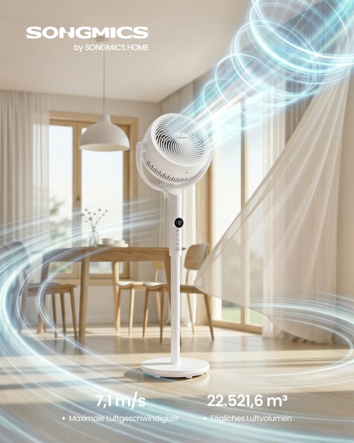SONGMICS Lydl�s Standerventilator 20 dB, Med Fjernbetjening, Kraftig Luftcirkulator, 120&deg;+135&deg; Oscillation, 15 Hastigheder, 15-timers Timer, 3 Tilstande, Justerbar H�jde, Cloud White XFC002W1EU