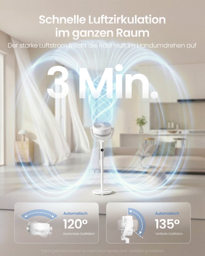 SONGMICS Lydl�s Standerventilator 20 dB, Med Fjernbetjening, Kraftig Luftcirkulator, 120&deg;+135&deg; Oscillation, 15 Hastigheder, 15-timers Timer, 3 Tilstande, Justerbar H�jde, Cloud White XFC002W1EU