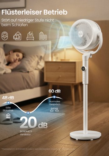 SONGMICS Lydl�s Standerventilator 20 dB, Med Fjernbetjening, Kraftig Luftcirkulator, 120&deg;+135&deg; Oscillation, 15 Hastigheder, 15-timers Timer, 3 Tilstande, Justerbar H�jde, Cloud White XFC002W1EU
