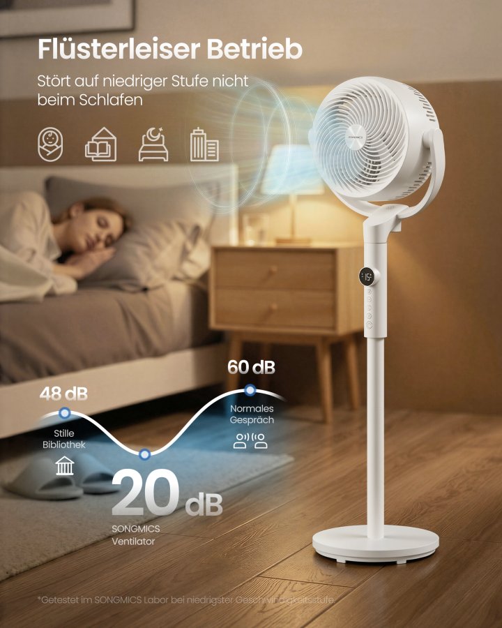 SONGMICS Lydl�s Standerventilator 20 dB, Med Fjernbetjening, Kraftig Luftcirkulator, 120&deg;+135&deg; Oscillation, 15 Hastigheder, 15-timers Timer, 3 Tilstande, Justerbar H�jde, Cloud White XFC002W1EU