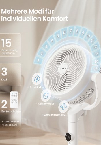 SONGMICS Lydl�s Standerventilator 20 dB, Med Fjernbetjening, Kraftig Luftcirkulator, 120&deg;+135&deg; Oscillation, 15 Hastigheder, 15-timers Timer, 3 Tilstande, Justerbar H�jde, Cloud White XFC002W1EU