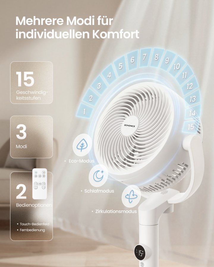 SONGMICS Lydl�s Standerventilator 20 dB, Med Fjernbetjening, Kraftig Luftcirkulator, 120&deg;+135&deg; Oscillation, 15 Hastigheder, 15-timers Timer, 3 Tilstande, Justerbar H�jde, Cloud White XFC002W1EU