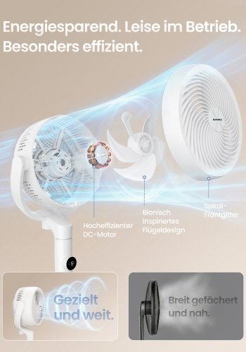 SONGMICS Lydl�s Standerventilator 20 dB, Med Fjernbetjening, Kraftig Luftcirkulator, 120&deg;+135&deg; Oscillation, 15 Hastigheder, 15-timers Timer, 3 Tilstande, Justerbar H�jde, Cloud White XFC002W1EU