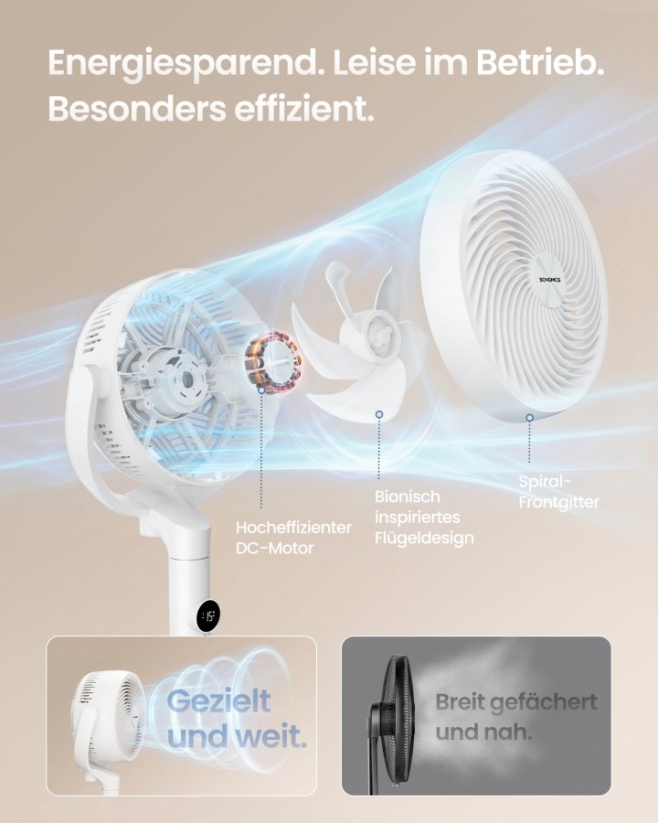 SONGMICS Lydl�s Standerventilator 20 dB, Med Fjernbetjening, Kraftig Luftcirkulator, 120&deg;+135&deg; Oscillation, 15 Hastigheder, 15-timers Timer, 3 Tilstande, Justerbar H�jde, Cloud White XFC002W1EU