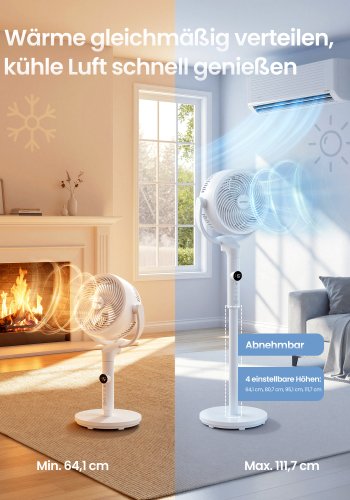 SONGMICS Lydl�s Standerventilator 20 dB, Med Fjernbetjening, Kraftig Luftcirkulator, 120&deg;+135&deg; Oscillation, 15 Hastigheder, 15-timers Timer, 3 Tilstande, Justerbar H�jde, Cloud White XFC002W1EU