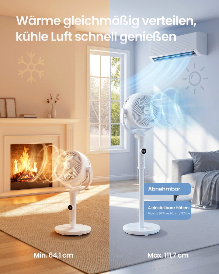 SONGMICS Lydl�s Standerventilator 20 dB, Med Fjernbetjening, Kraftig Luftcirkulator, 120&deg;+135&deg; Oscillation, 15 Hastigheder, 15-timers Timer, 3 Tilstande, Justerbar H�jde, Cloud White XFC002W1EU