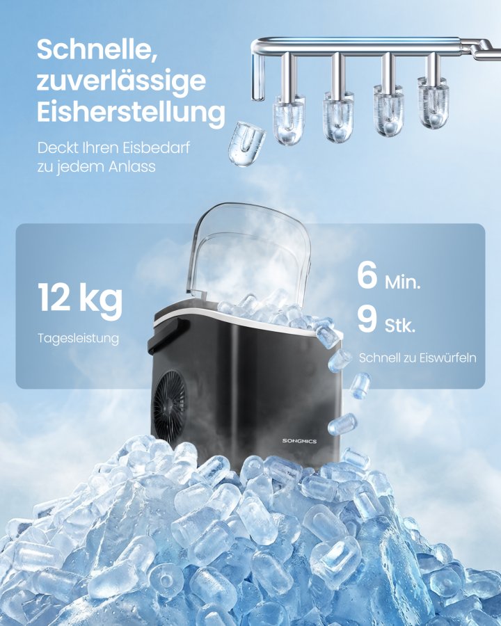 SONGMICS isterningmaskine, isterningmaskine med selvrensning, p� 6 minutter, 9 isterninger i 2 st�rrelser, 12 kg p� 24 timer, b�rbar, k�kken, WG, fest, camping, bl�ksort XZB001B1EU