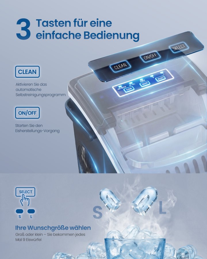 SONGMICS isterningmaskine, isterningmaskine med selvrensning, p� 6 minutter, 9 isterninger i 2 st�rrelser, 12 kg p� 24 timer, b�rbar, k�kken, WG, fest, camping, bl�ksort XZB001B1EU