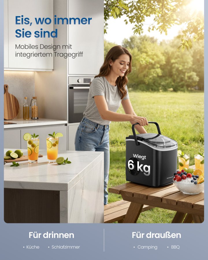 SONGMICS isterningmaskine, isterningmaskine med selvrensning, p� 6 minutter, 9 isterninger i 2 st�rrelser, 12 kg p� 24 timer, b�rbar, k�kken, WG, fest, camping, bl�ksort XZB001B1EU