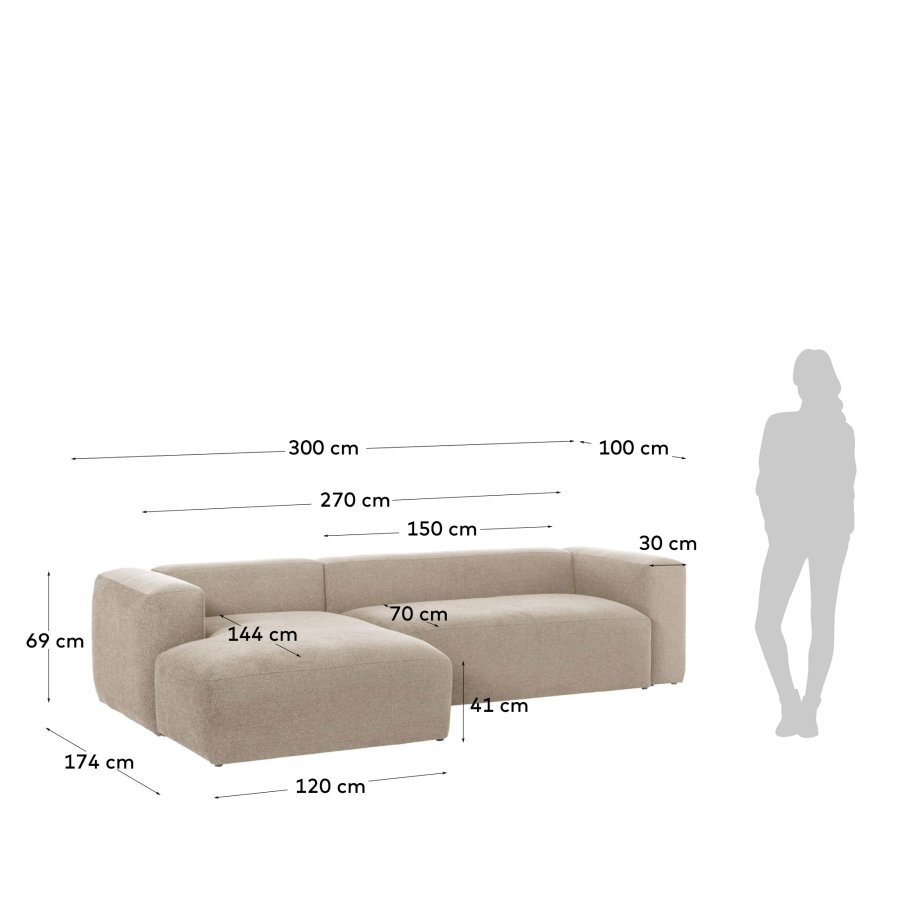 KAVE HOME Block 3-manns sofa, med venstre sjeselong - beige stoff