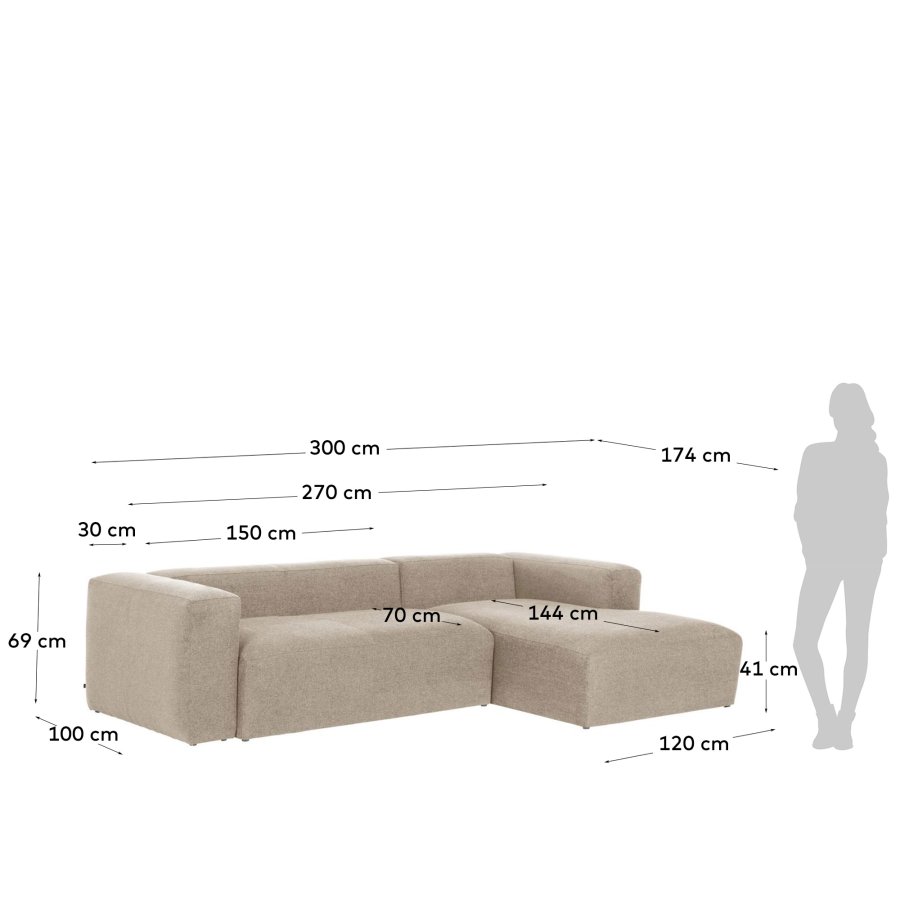 KAVE HOME Block 3-manns sofa, med hyre sjeselong - beige stoff