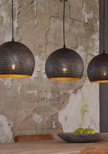 FURBO taklampe, m. 3 runde lampeskjermer - svart/brunt metall (110x25)