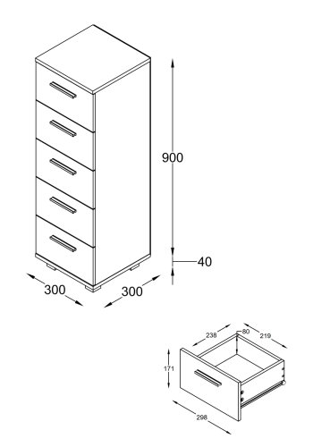 VCM NORDIC Zalo M Kommode Badezimmerschrank, m. 5 Schubladen - weiß/schwarz Melamin