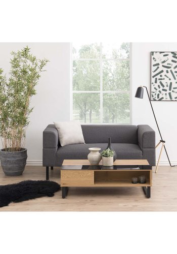 ACT NORDIC Azalea Couchtisch mit Stauraum – Naturpapier Wildeiche, schwarzes Glas und schwarzes Metall (110x60)