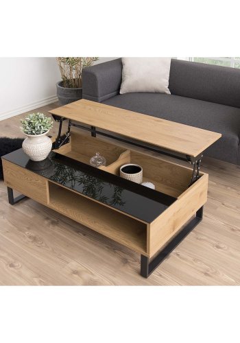 ACT NORDIC Azalea Couchtisch mit Stauraum – Naturpapier Wildeiche, schwarzes Glas und schwarzes Metall (110x60)