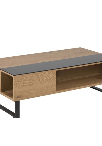 ACT NORDIC Azalea Couchtisch mit Stauraum – Naturpapier Wildeiche, schwarzes Glas und schwarzes Metall (110x60)