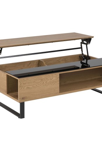 ACT NORDIC Azalea Couchtisch mit Stauraum – Naturpapier Wildeiche, schwarzes Glas und schwarzes Metall (110x60)