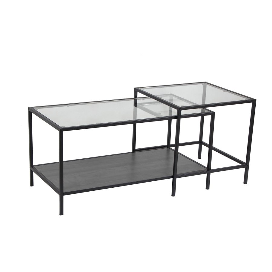ACT NORDIC Seaford Couchtisch, mit Ablage – Klarglas, Melamin aus schwarzer Esche und schwarzes Metall (90x55)