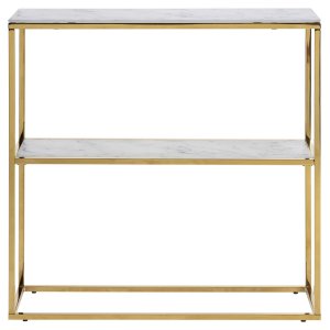 ACT NORDIC Alisma Konsollbord, med Hyllan - Kristallklart Frostat Glas med Vitt Marmortryck och Guldmetall (79,5 x 26 cm)