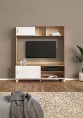 TVILUM Ikast TV-Wand mit 2 Schiebet�ren, Jackson Hickory/Wei�, 158,7 x 48,35 x 180,9 cm