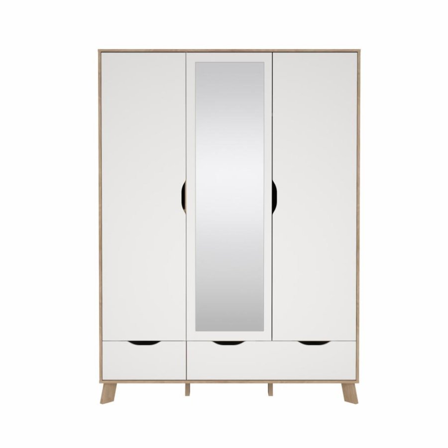 TVILUM Ikast Kleiderschrank mit 2 Türen + 1 Spiegeltür + 2 Schubladen, Jackson Hickory/Weiß, 147,2 x 58,1 x 201 cm