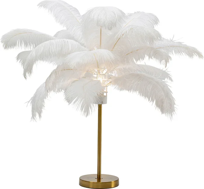 KARE DESIGN Feather Palm bordlampe - hvit strutsefjr og messingstl