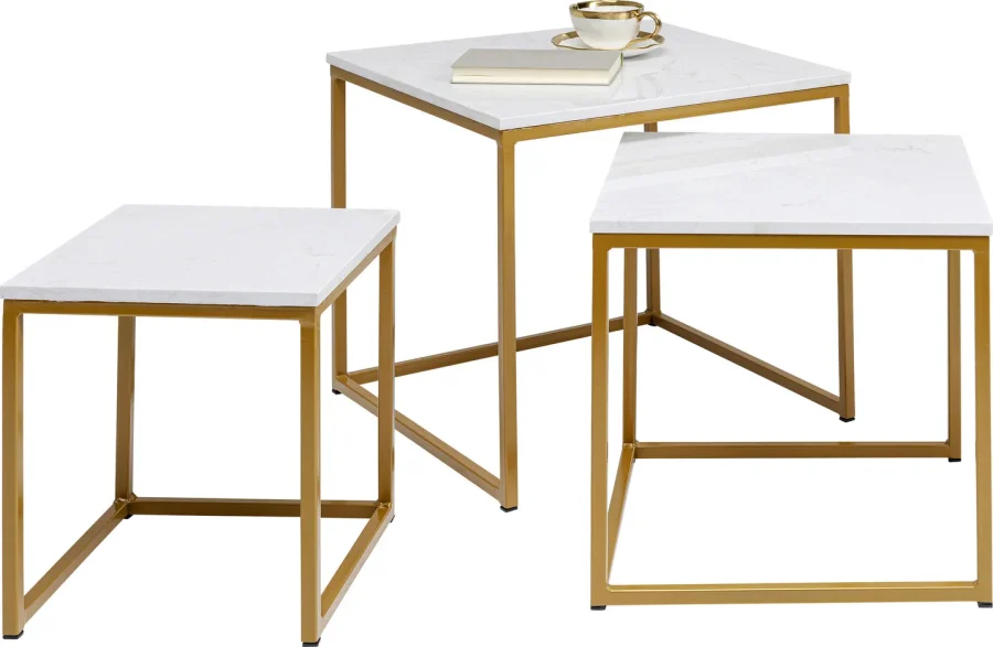 KARE DESIGN Key West innskuddsbord - hvit marmor og gullben, sett med 3 bord