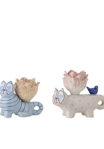 BLOOMINGVILLE Missy Kerzenhalter, Blau, Steingut (L9,5xH8xB6,5/L12xH10xB6,5 cm, 2er-Set)