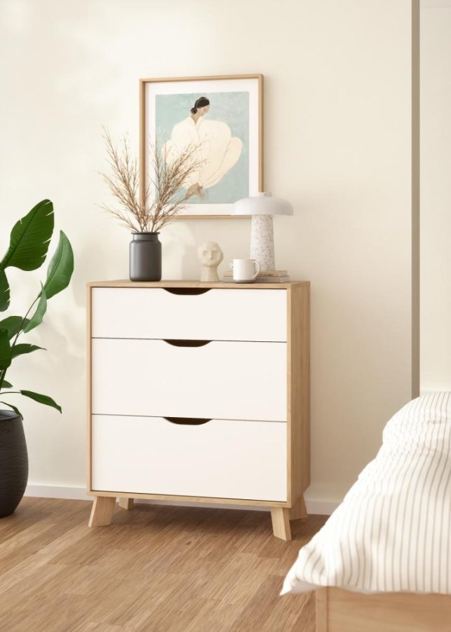 TVILUM Ikast Kommode mit 3 Schubladen, Jackson Hickory / Weiß, 78,7 x 39,8 x 92,2 cm