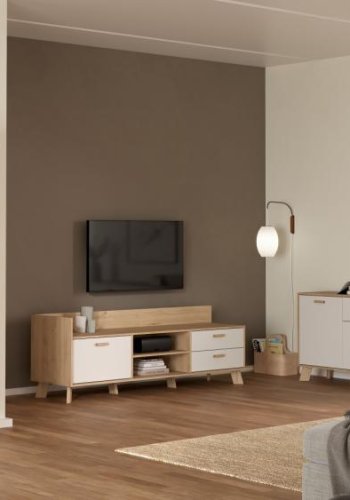 TVILUM Ikast TV-Schrank mit 1 Tür + 2 Schubladen, Jackson Hickory/Weiß, 181,9 x 51,2 x 61,6 cm