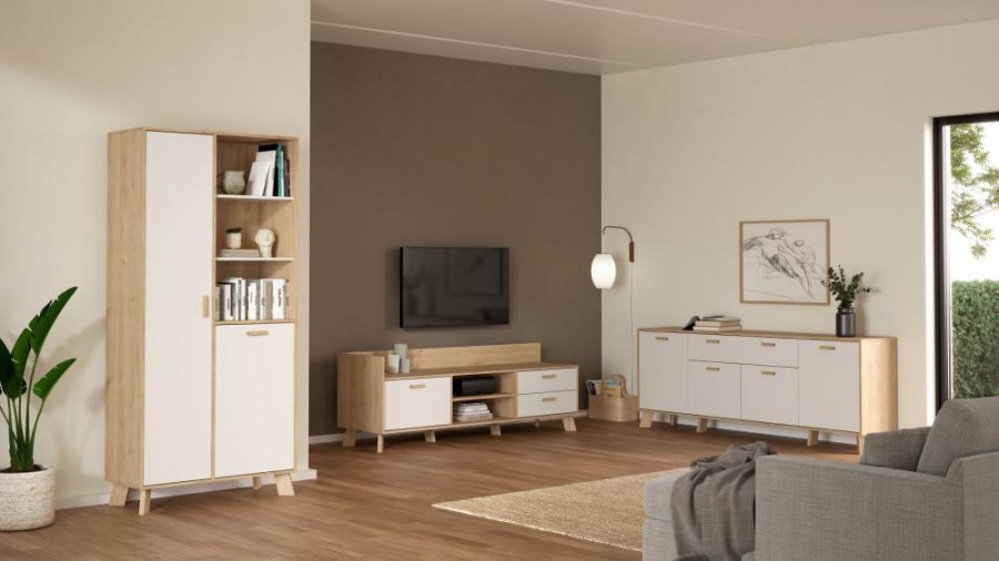 TVILUM Ikast Sideboard 4 Türen + 1 Schublade, Jackson Hickory/Weiß, 195,7 x 39,1 x 73 cm