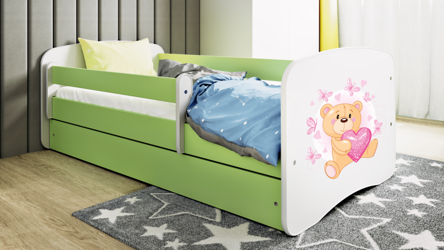 Babydreams juniorseng m bamse/sommerfugle, m. madras, sengehest, skuffe - hvid/grn laminat (140x70)