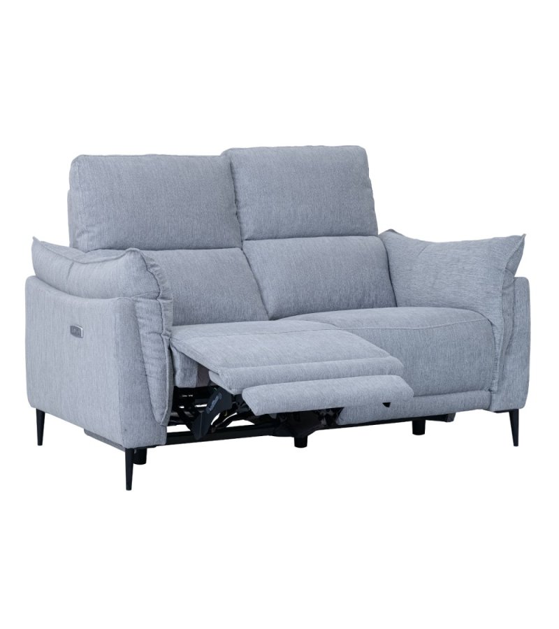 Barcelona 2-manns sofa, med hvilestol, innebygd fotskammel, USB-plugg - lysegrt stoff og svart metall