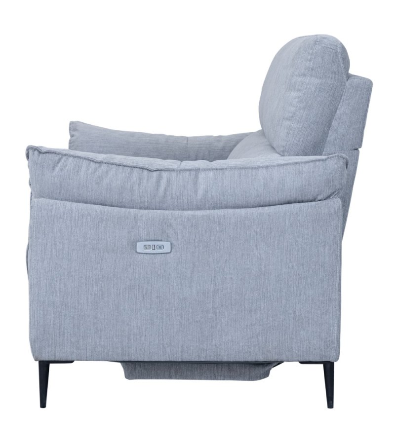 Barcelona 2-manns sofa, med hvilestol, innebygd fotskammel, USB-plugg - lysegrt stoff og svart metall