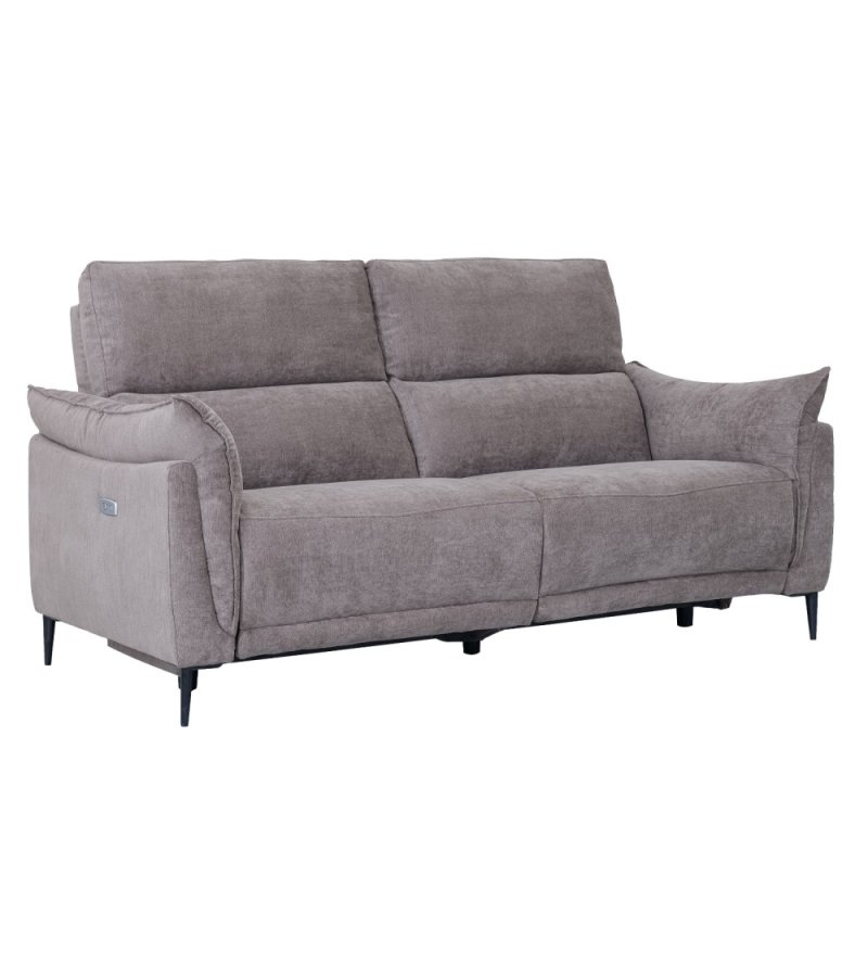 Barcelona 3-Sitzer-Sofa mit Liegefunktion, integriertem Fußhocker, USB-Anschluss – beiger Stoff und schwarzes Metall