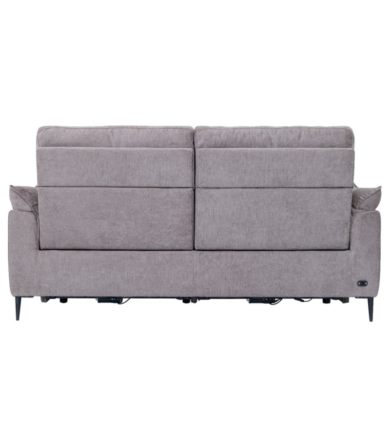 Barcelona 3-Sitzer-Sofa mit Liegefunktion, integriertem Fußhocker, USB-Anschluss – beiger Stoff und schwarzes Metall