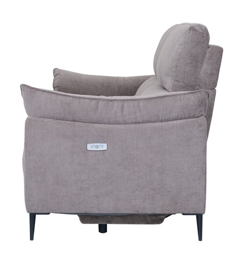 Barcelona 3-Sitzer-Sofa mit Liegefunktion, integriertem Fußhocker, USB-Anschluss – beiger Stoff und schwarzes Metall