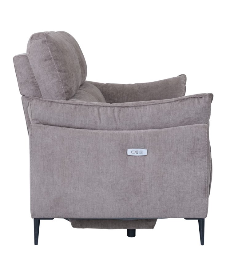 Barcelona 3-Sitzer-Sofa mit Liegefunktion, integriertem Fußhocker, USB-Anschluss – beiger Stoff und schwarzes Metall