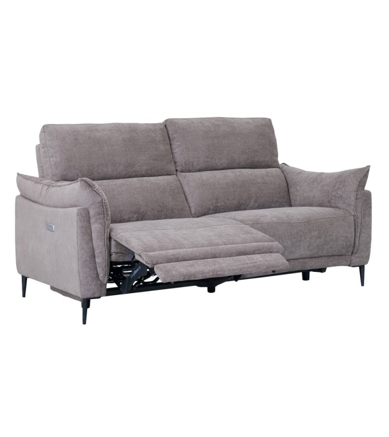 Barcelona 3-Sitzer-Sofa mit Liegefunktion, integriertem Fußhocker, USB-Anschluss – beiger Stoff und schwarzes Metall