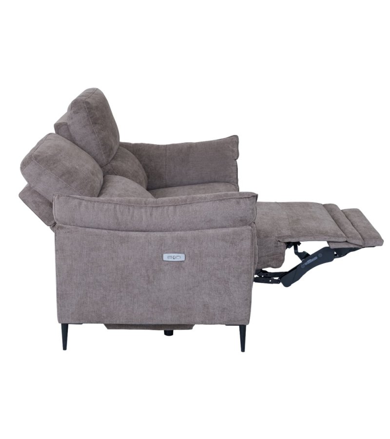 Barcelona 3-Sitzer-Sofa mit Liegefunktion, integriertem Fußhocker, USB-Anschluss – beiger Stoff und schwarzes Metall