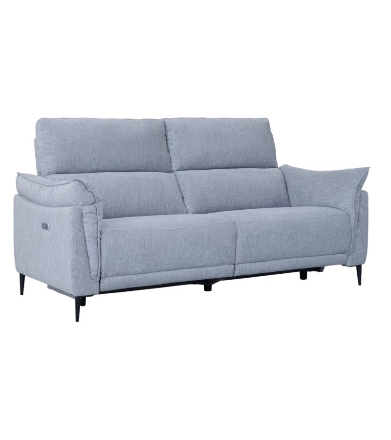 Barcelona 3-Sitzer-Sofa mit Liegefunktion, integriertem Fußhocker, USB-Anschluss – hellgrauer Stoff und schwarzes Metall
