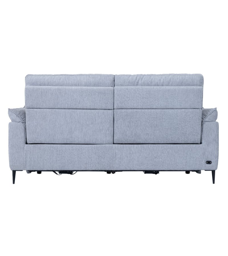 Barcelona 3-Sitzer-Sofa mit Liegefunktion, integriertem Fußhocker, USB-Anschluss – hellgrauer Stoff und schwarzes Metall