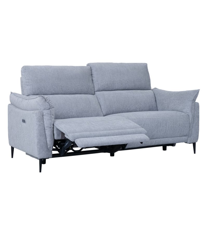Barcelona 3-Sitzer-Sofa mit Liegefunktion, integriertem Fußhocker, USB-Anschluss – hellgrauer Stoff und schwarzes Metall